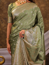 Sage Green Kanjivaram Banarasi Satin Silk Saree with Antique Silver Zari Weaving, Rich Heritage Pallu & Tassel Detailing