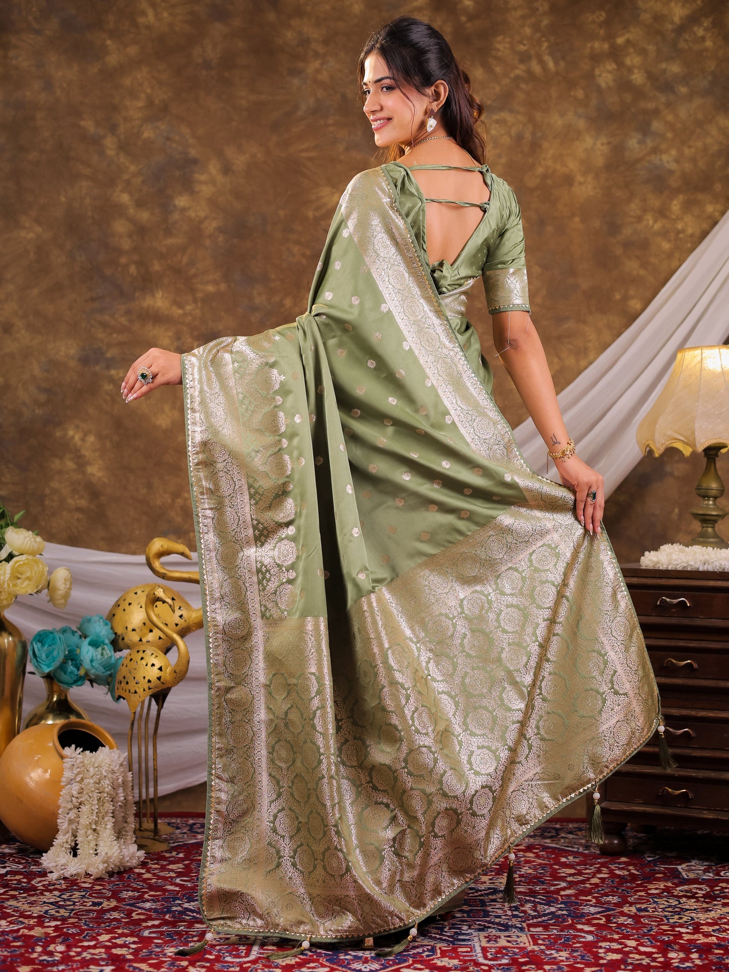 Sage Green Kanjivaram Banarasi Satin Silk Saree with Antique Silver Zari Weaving, Rich Heritage Pallu & Tassel Detailing