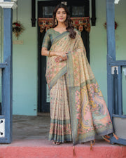 Beige green handloom cotton saree with lotus print colorful peacock pallu mameraa