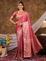 Rose Pink Kanjivaram Banarasi Satin Silk Saree with Antique Silver Zari Weaving, Rich Heritage Pallu & Tassel Detailing