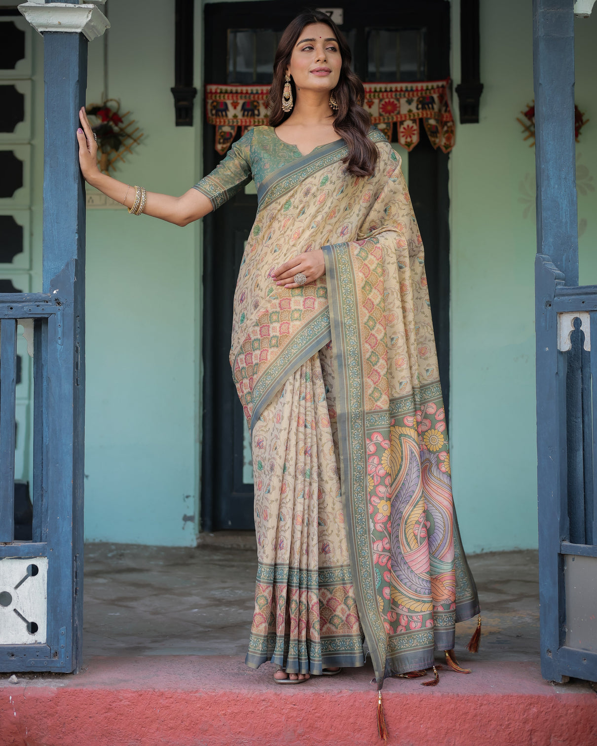 Beige green handloom cotton saree with lotus print colorful peacock pallu