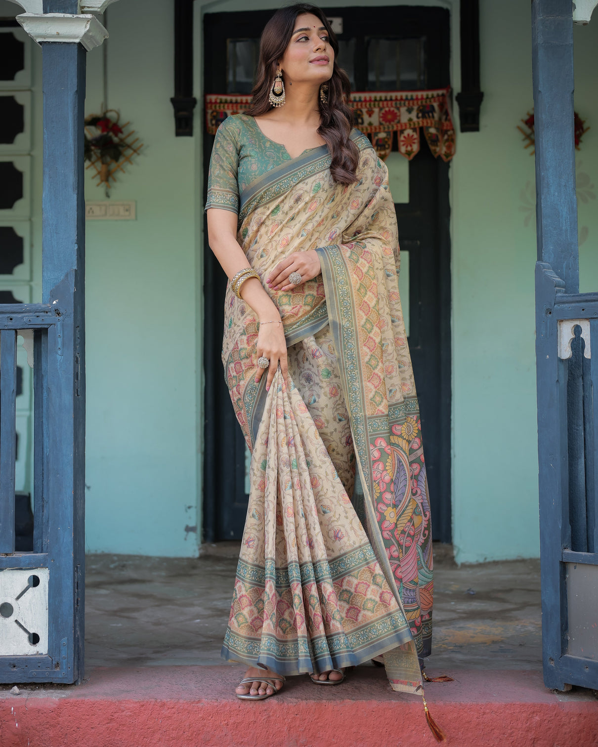 Beige green handloom cotton saree with lotus print colorful peacock pallu