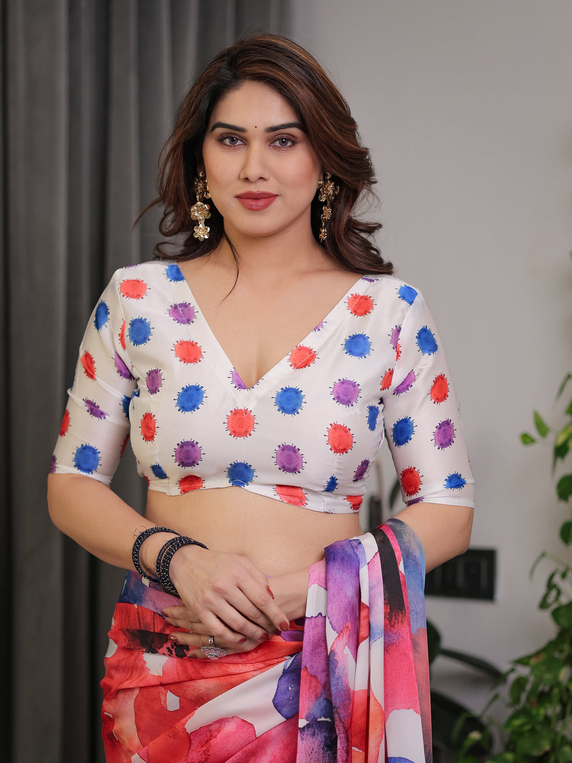 White multicolor watercolour floral print satin georgette saree with designer attached blouse premium soft flowing fabric