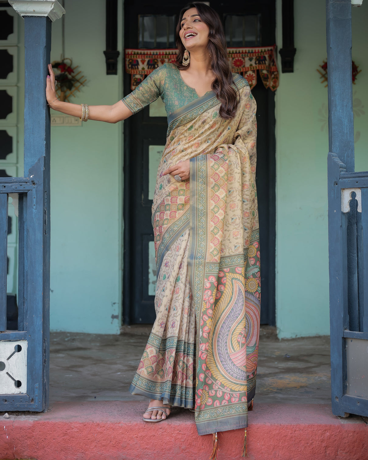 Beige green handloom cotton saree with lotus print colorful peacock pallu