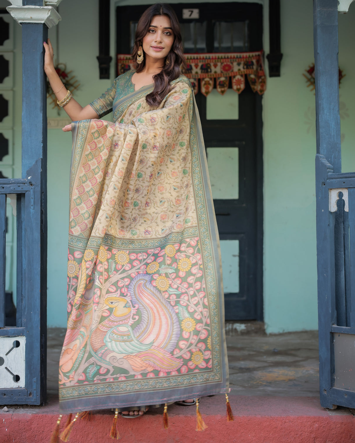 Beige green handloom cotton saree with lotus print colorful peacock pallu