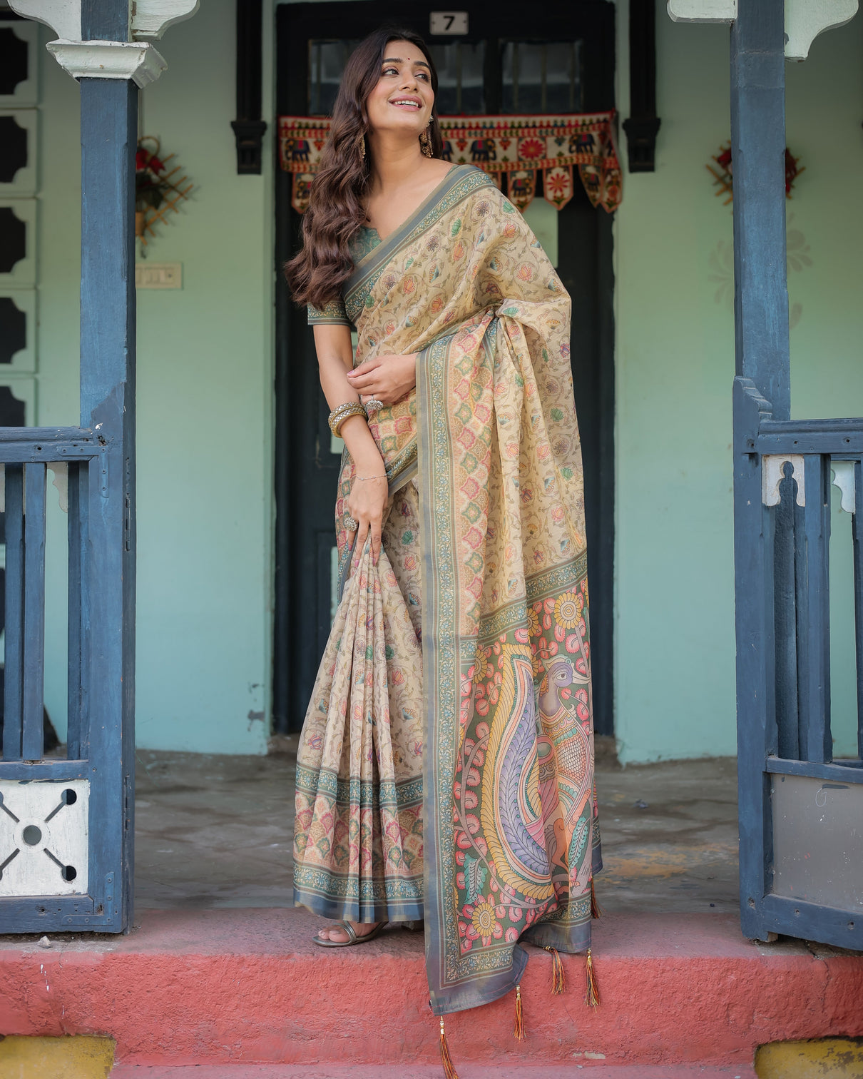 Beige green handloom cotton saree with lotus print colorful peacock pallu