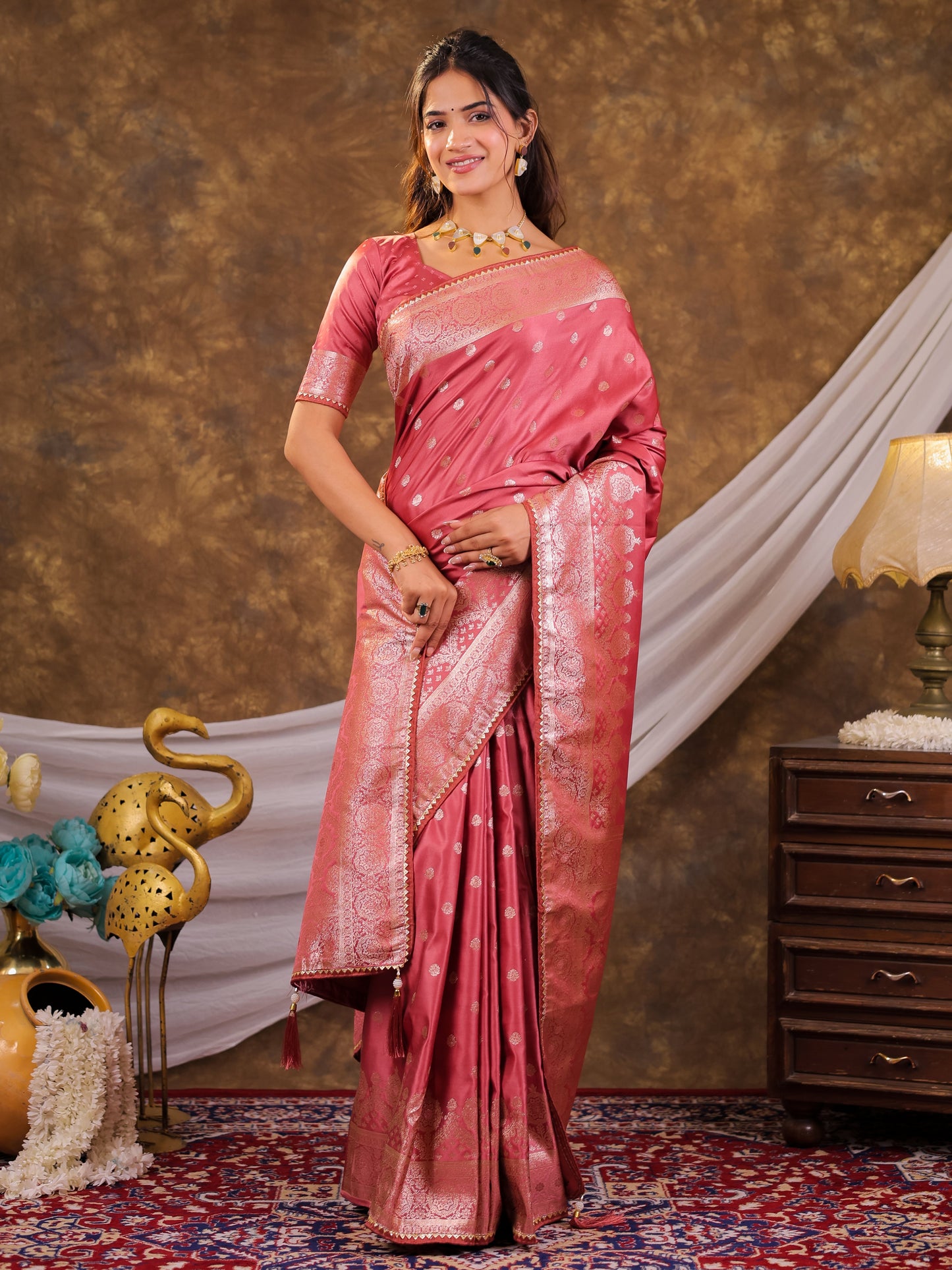 Rose Pink Kanjivaram Banarasi Satin Silk Saree with Antique Silver Zari Weaving, Rich Heritage Pallu & Tassel Detailing
