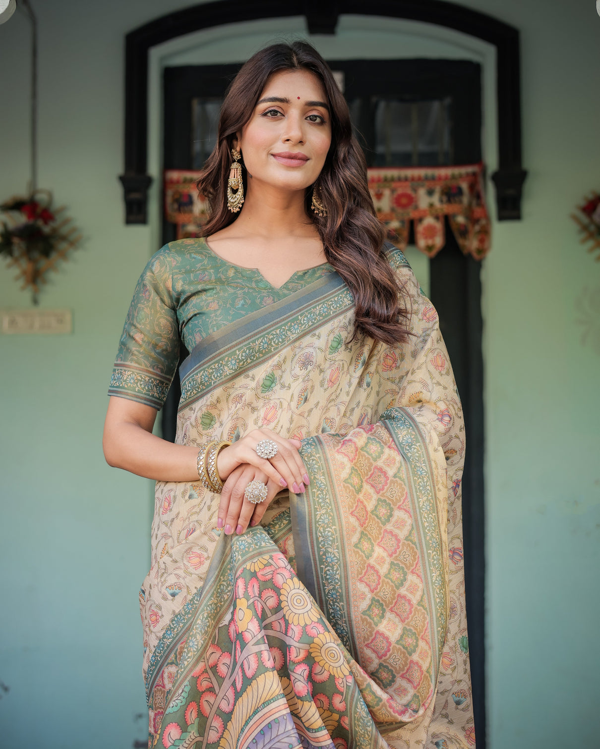 Beige green handloom cotton saree with lotus print colorful peacock pallu