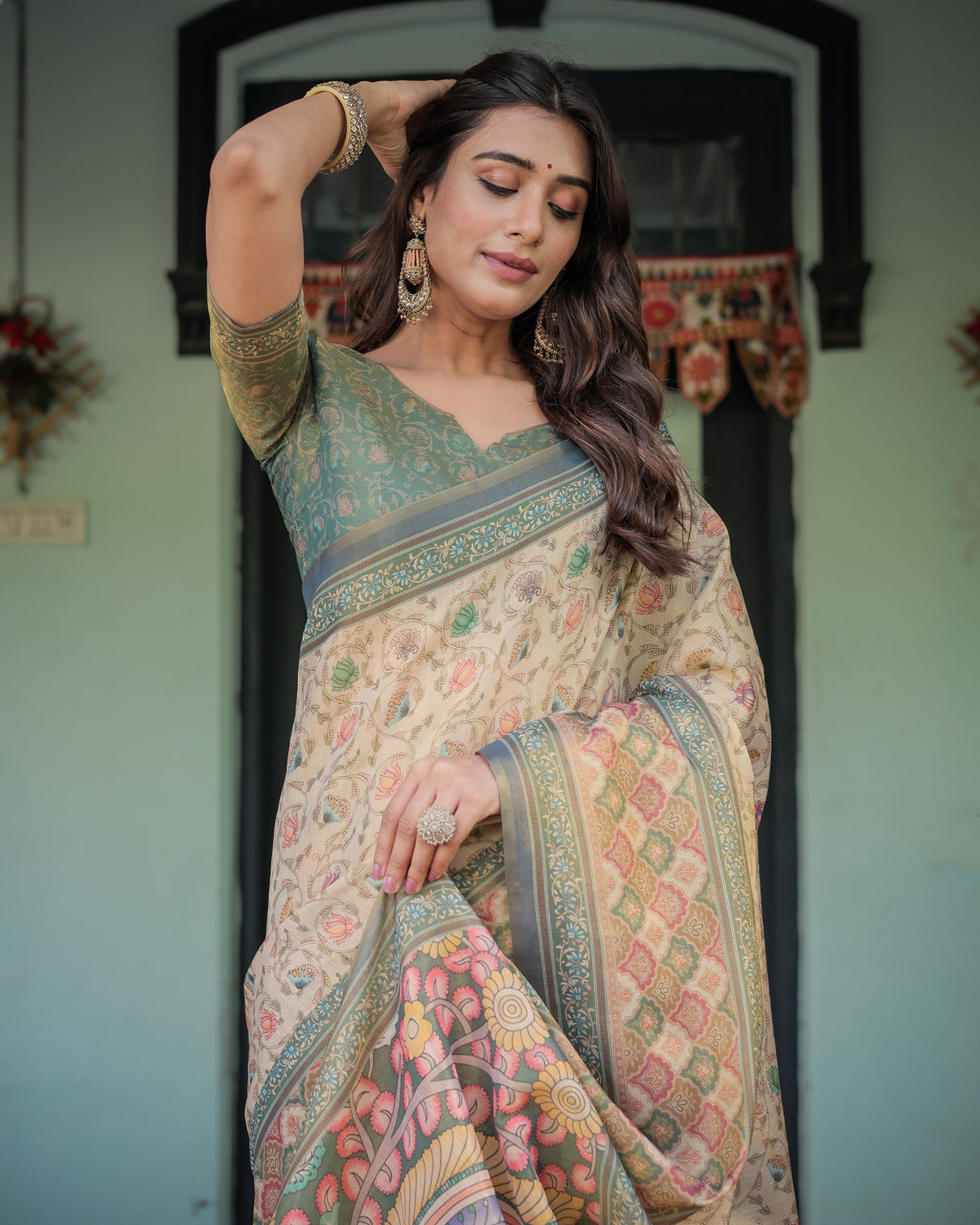 Beige green handloom cotton saree with lotus print colorful peacock pallu