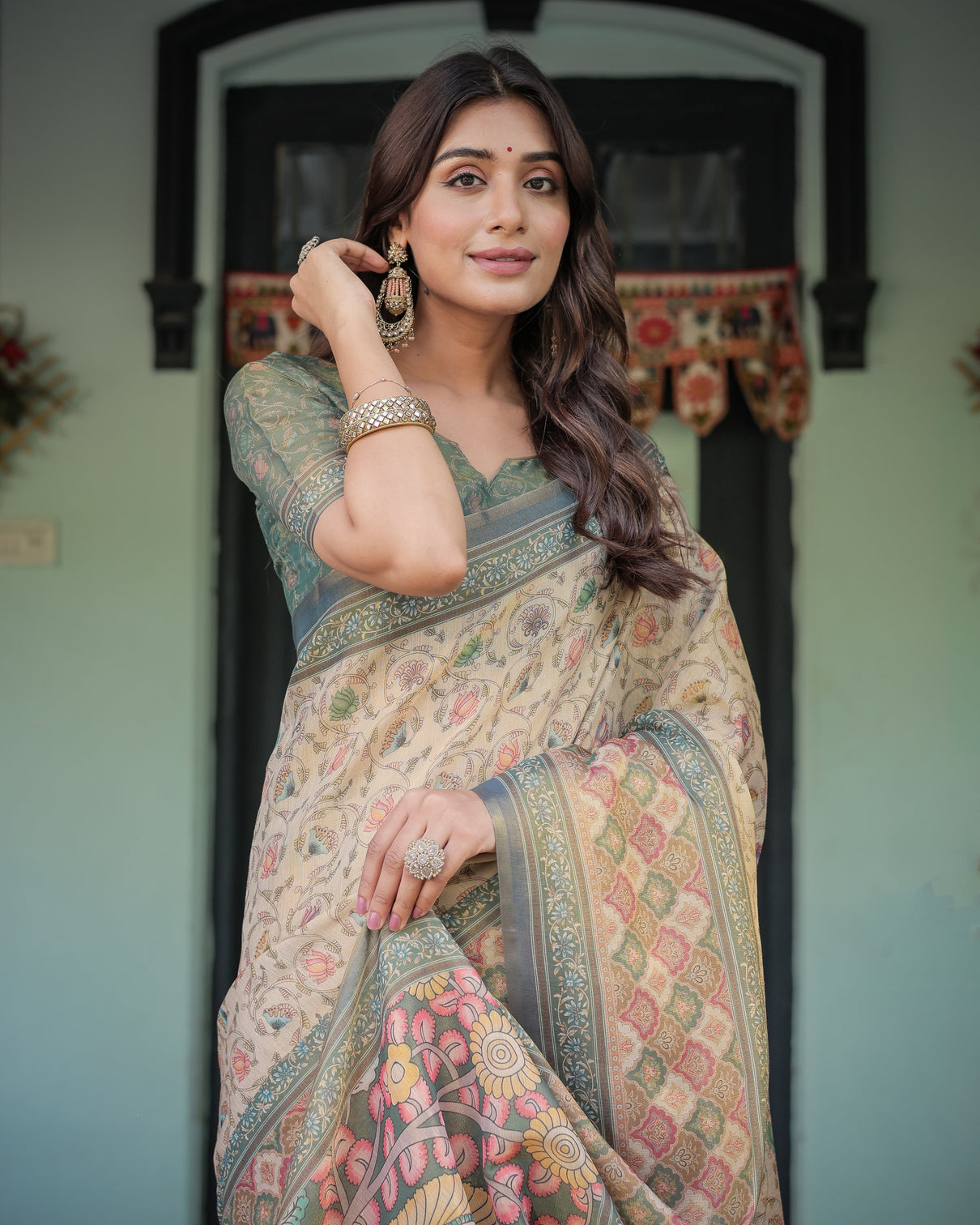 Beige green handloom cotton saree with lotus print colorful peacock pallu