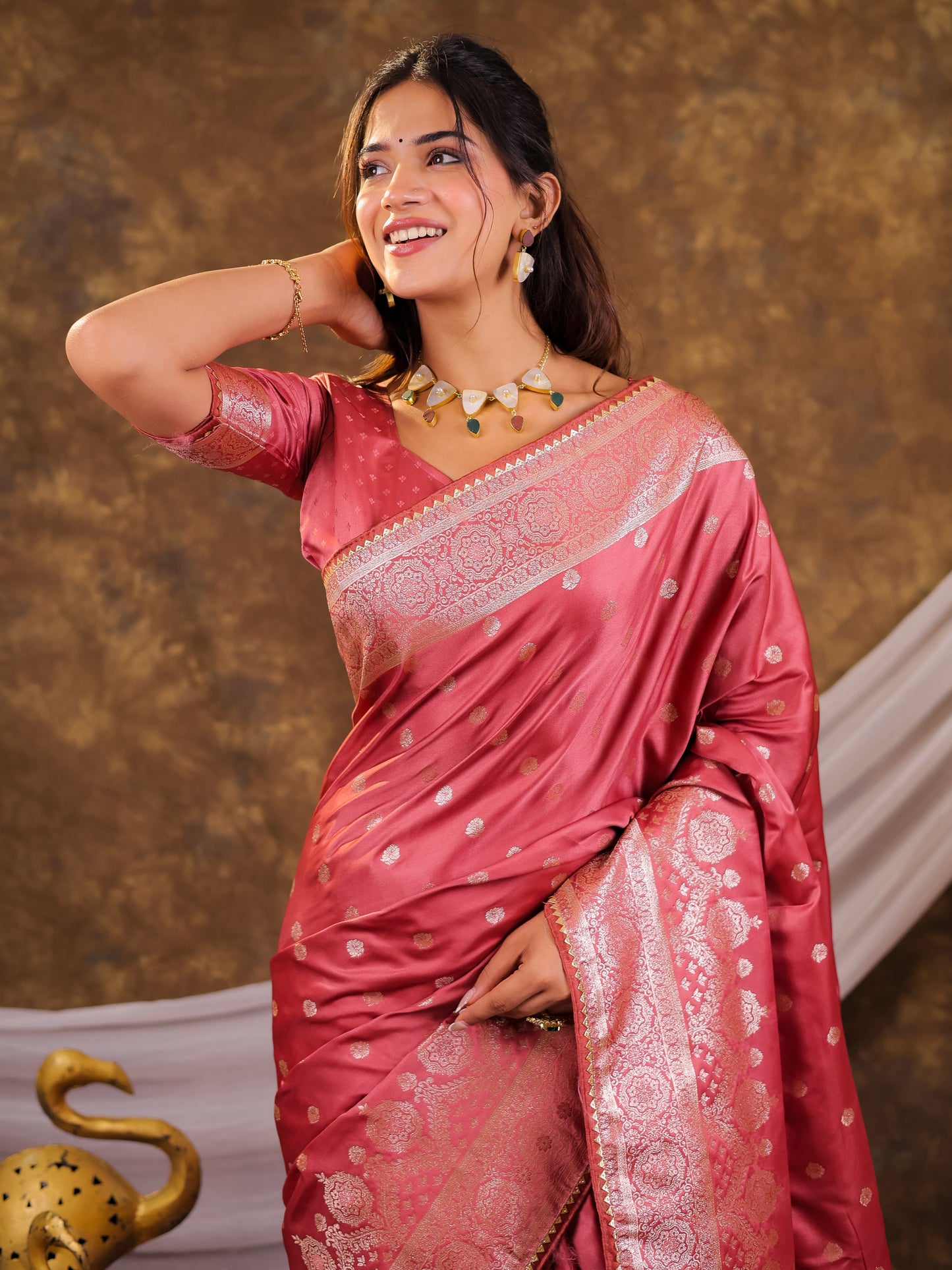 Rose Pink Kanjivaram Banarasi Satin Silk Saree with Antique Silver Zari Weaving, Rich Heritage Pallu & Tassel Detailing