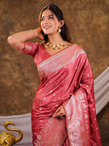 Rose Pink Kanjivaram Banarasi Satin Silk Saree with Antique Silver Zari Weaving, Rich Heritage Pallu & Tassel Detailing