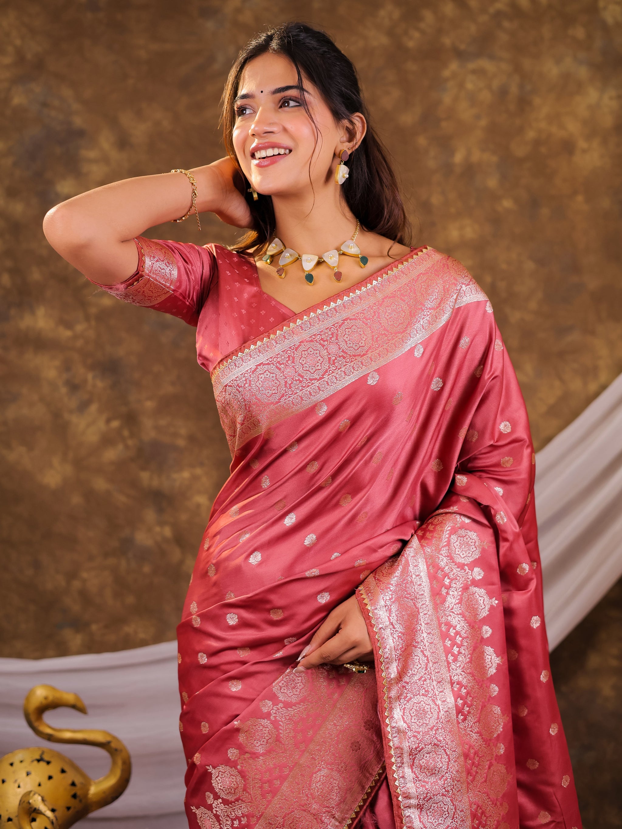 Rose Pink Kanjivaram Banarasi Satin Silk Saree with Antique Silver Zari Weaving, Rich Heritage Pallu & Tassel Detailing