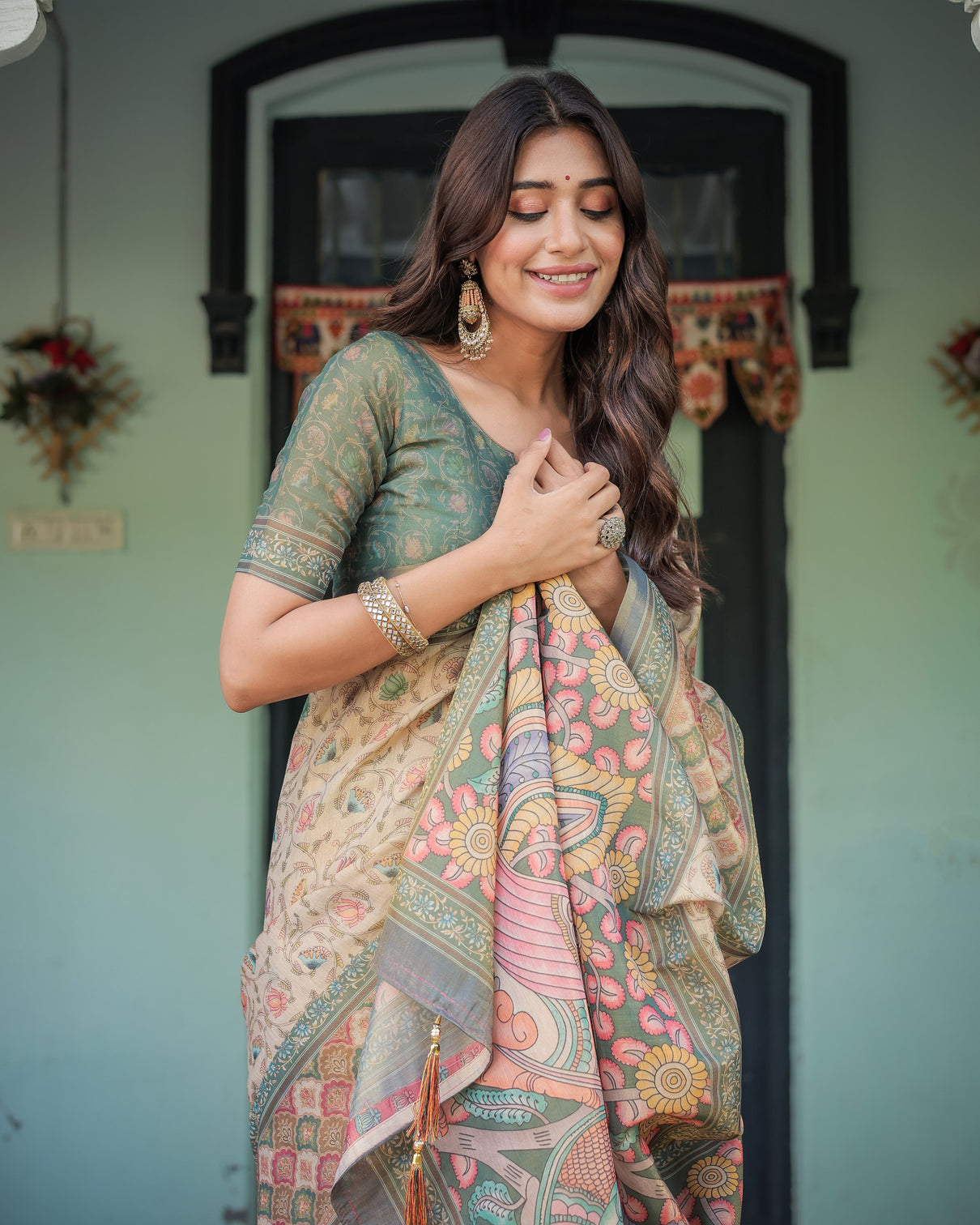 Beige green handloom cotton saree with lotus print colorful peacock pallu