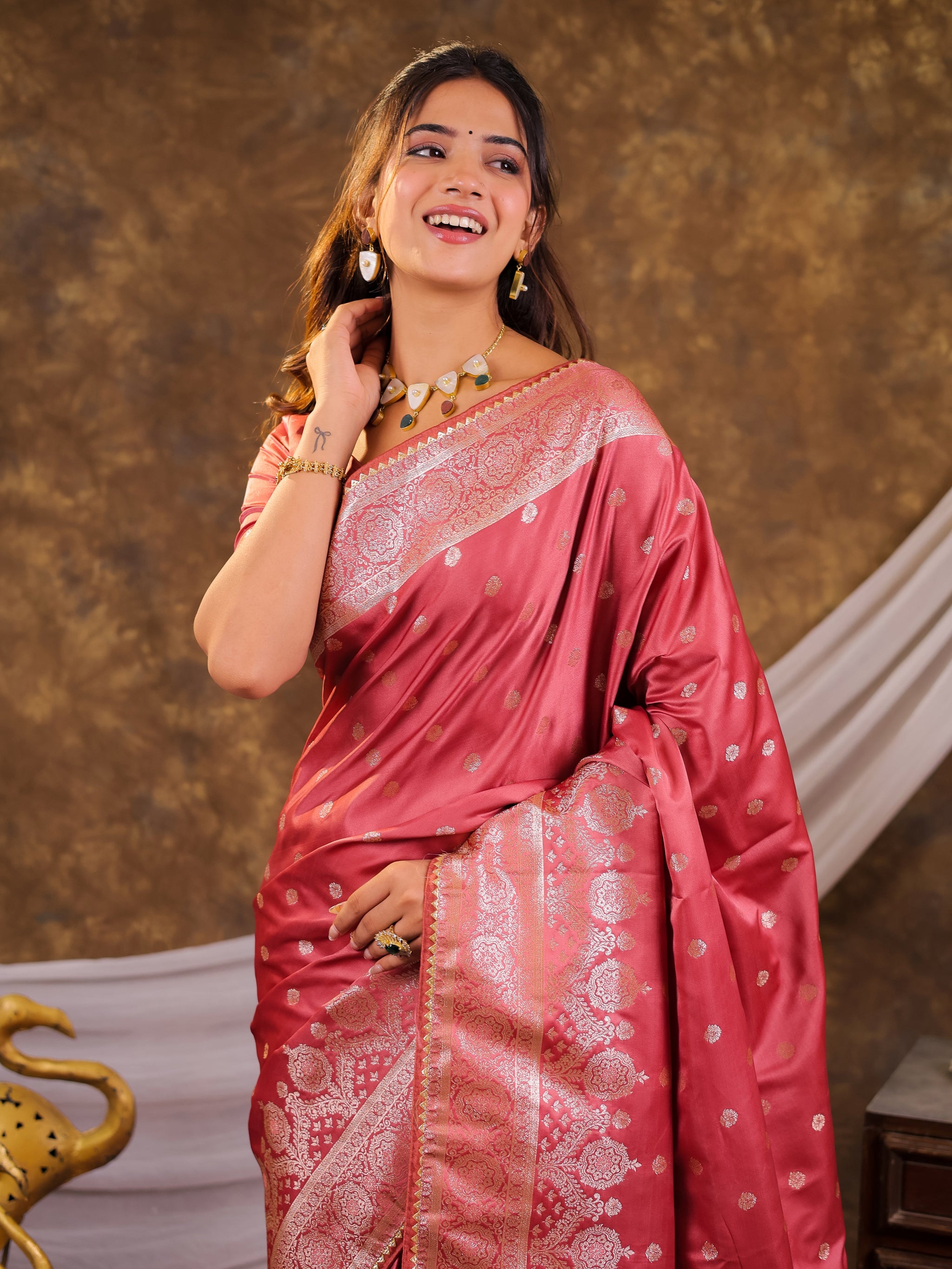 Rose Pink Kanjivaram Banarasi Satin Silk Saree with Antique Silver Zari Weaving, Rich Heritage Pallu & Tassel Detailing