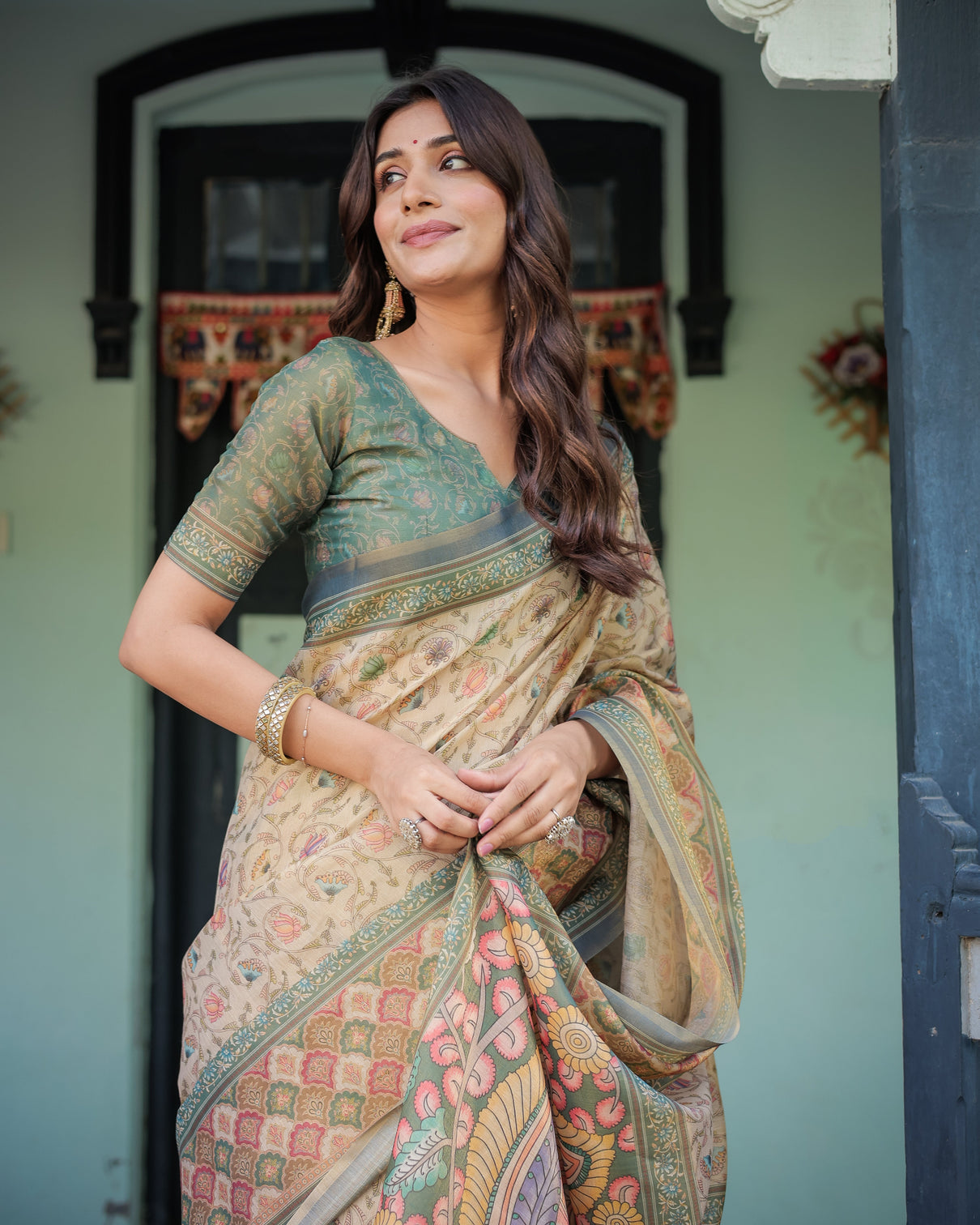 Beige green handloom cotton saree with lotus print colorful peacock pallu