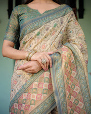 Beige green handloom cotton saree with lotus print colorful peacock pallu