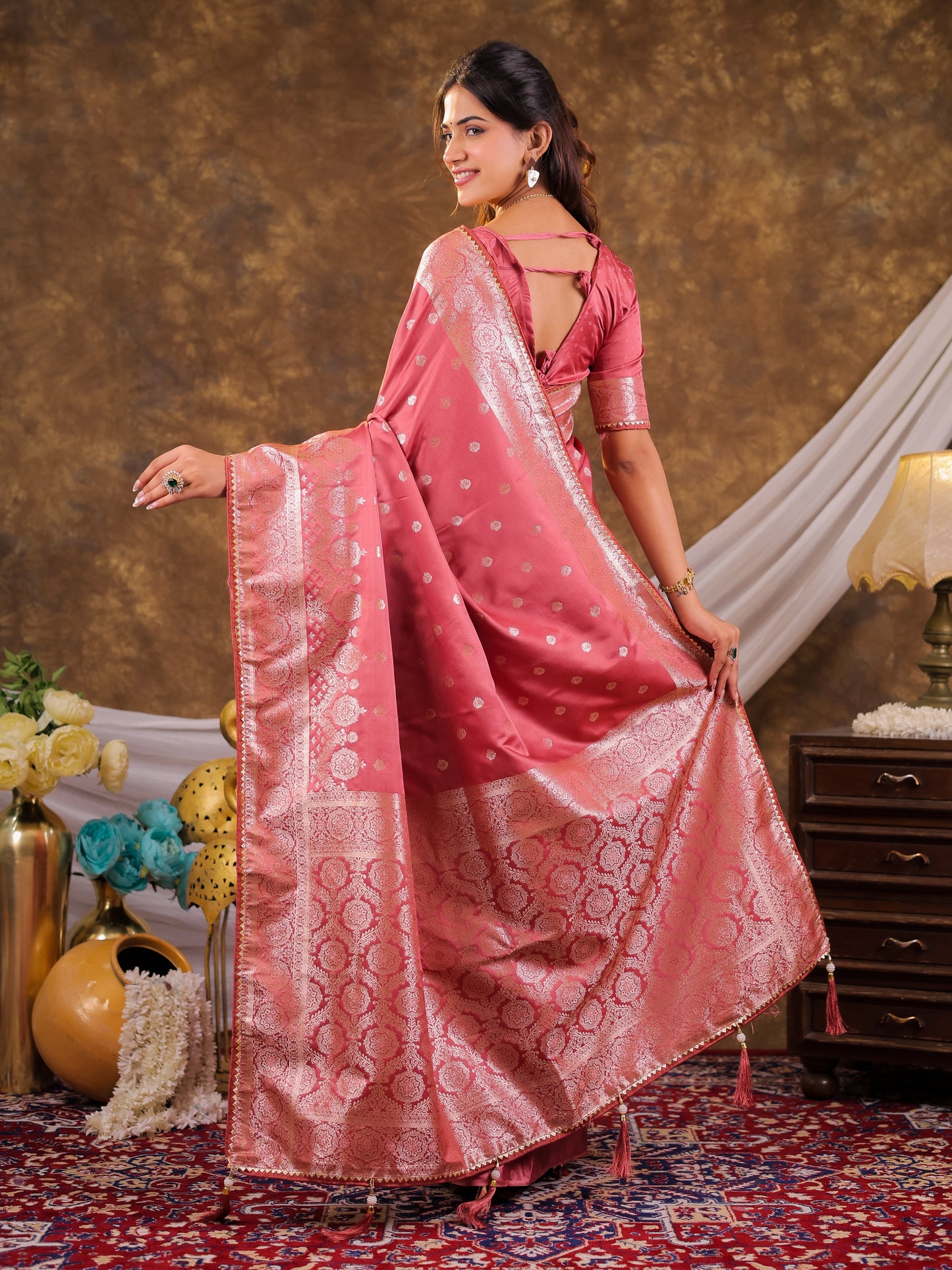 Rose Pink Kanjivaram Banarasi Satin Silk Saree with Antique Silver Zari Weaving, Rich Heritage Pallu & Tassel Detailing