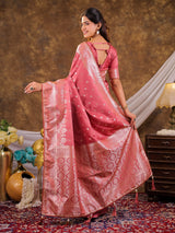 Rose Pink Kanjivaram Banarasi Satin Silk Saree with Antique Silver Zari Weaving, Rich Heritage Pallu & Tassel Detailing