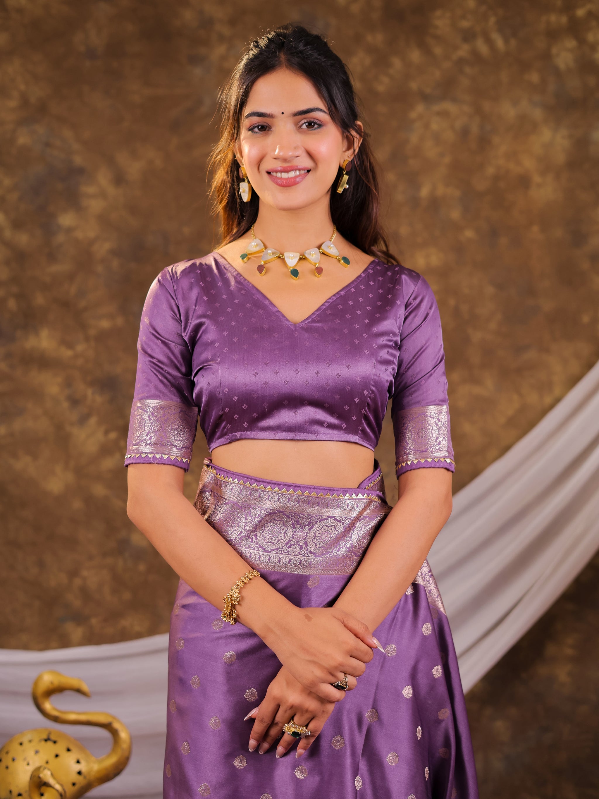 Lavender Kanjivaram Banarasi Satin Silk Saree with Antique Silver Zari Weaving, Rich Woven Pallu & Tassel Detailing
