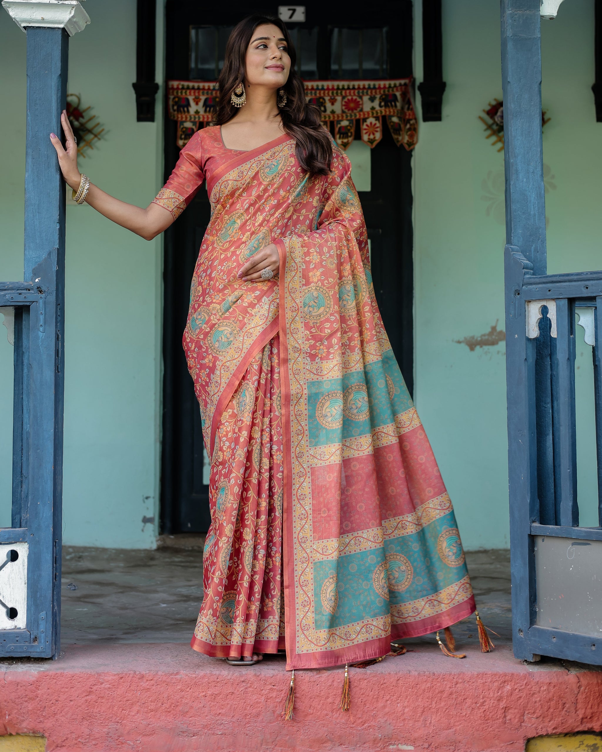 Terracotta Red Handloom Cotton Saree with Floral Vine Print & Dual-Toned Royal Motif Pallu