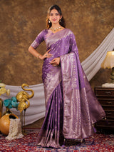 Lavender Kanjivaram Banarasi Satin Silk Saree with Antique Silver Zari Weaving, Rich Woven Pallu & Tassel Detailing