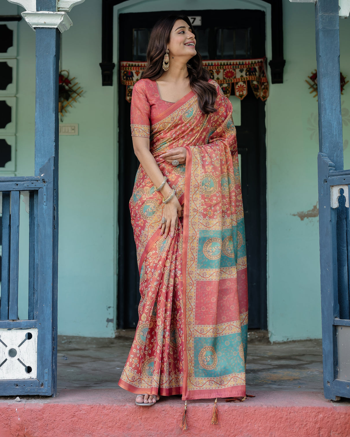 Terracotta red handloom cotton saree with floral vine print dual toned royal motif pallu