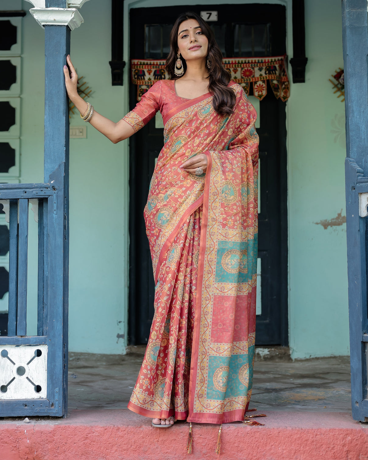 Terracotta red handloom cotton saree with floral vine print dual toned royal motif pallu