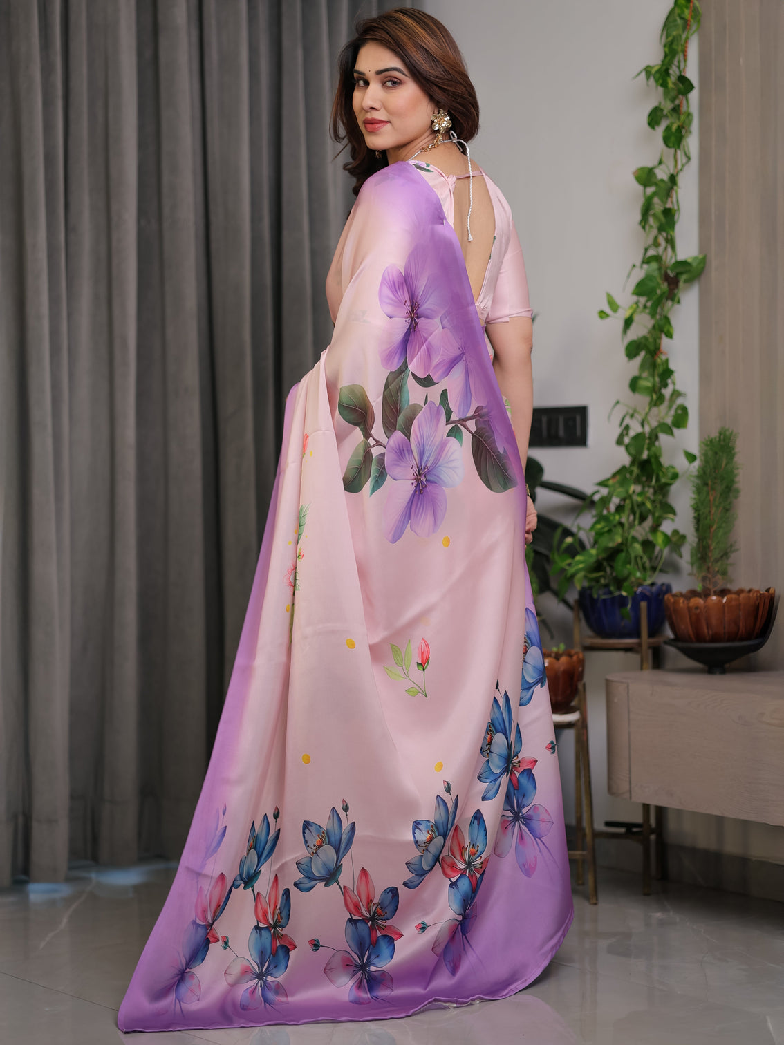 Blush pink lavender satin georgette floral printed saree with attached blouse soft ombre designer saree for festive elegant wear