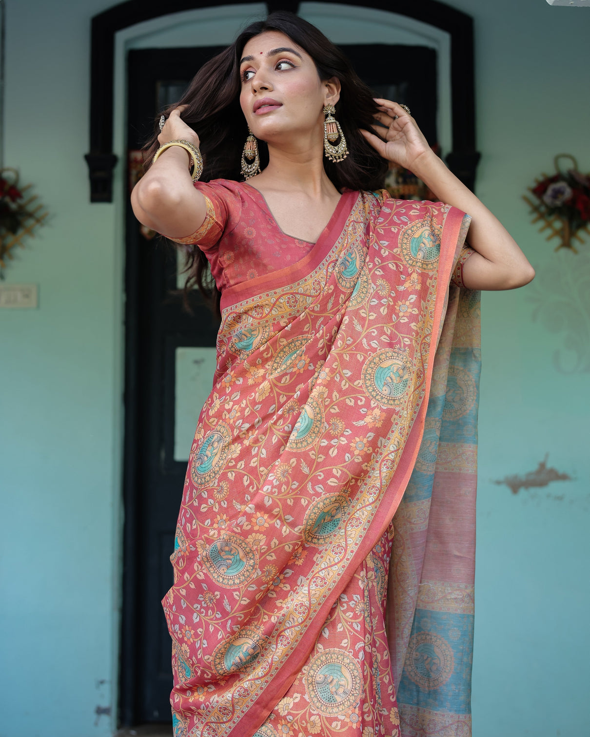 Terracotta red handloom cotton saree with floral vine print dual toned royal motif pallu