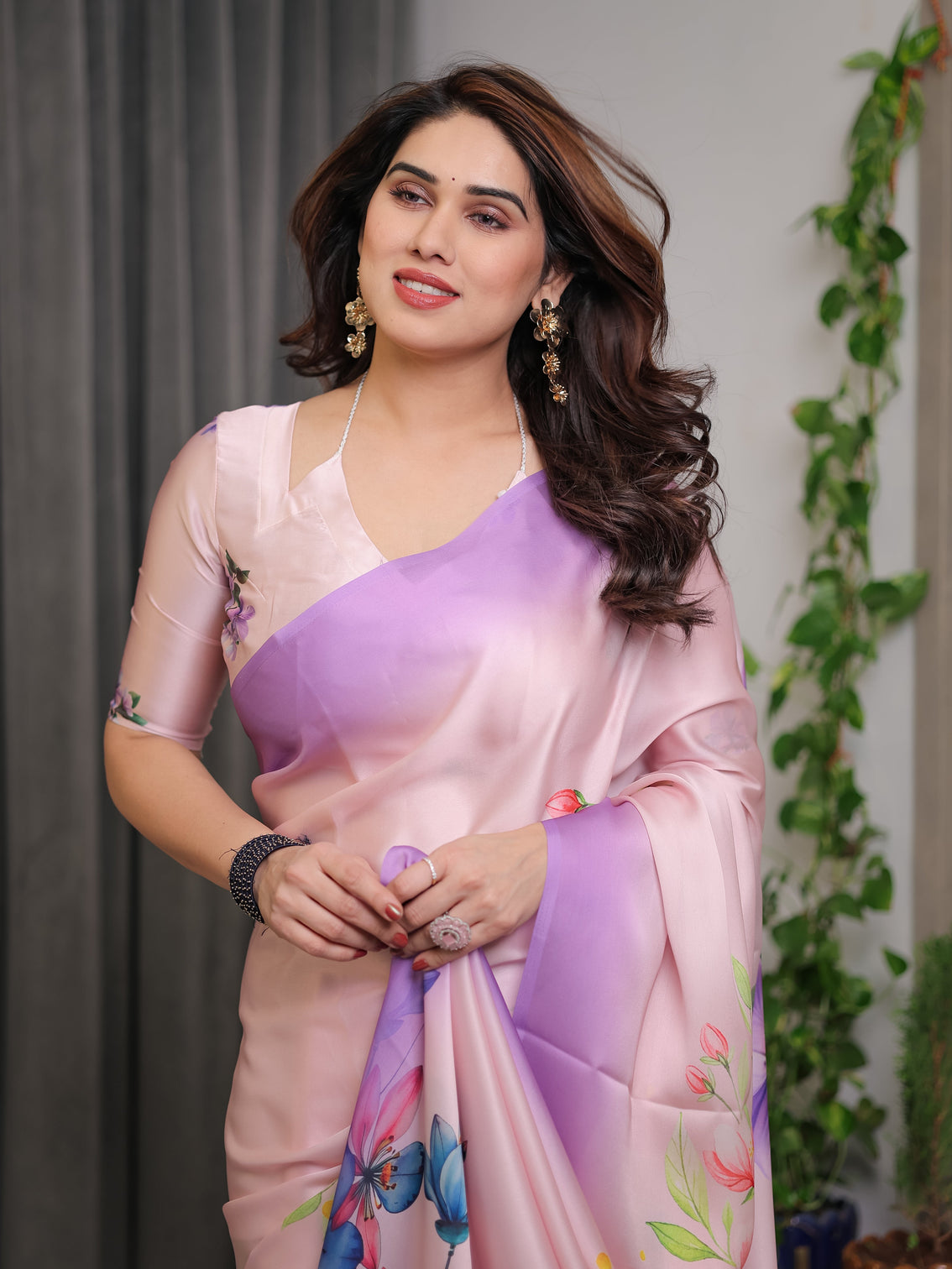 Blush pink lavender satin georgette floral printed saree with attached blouse soft ombre designer saree for festive elegant wear