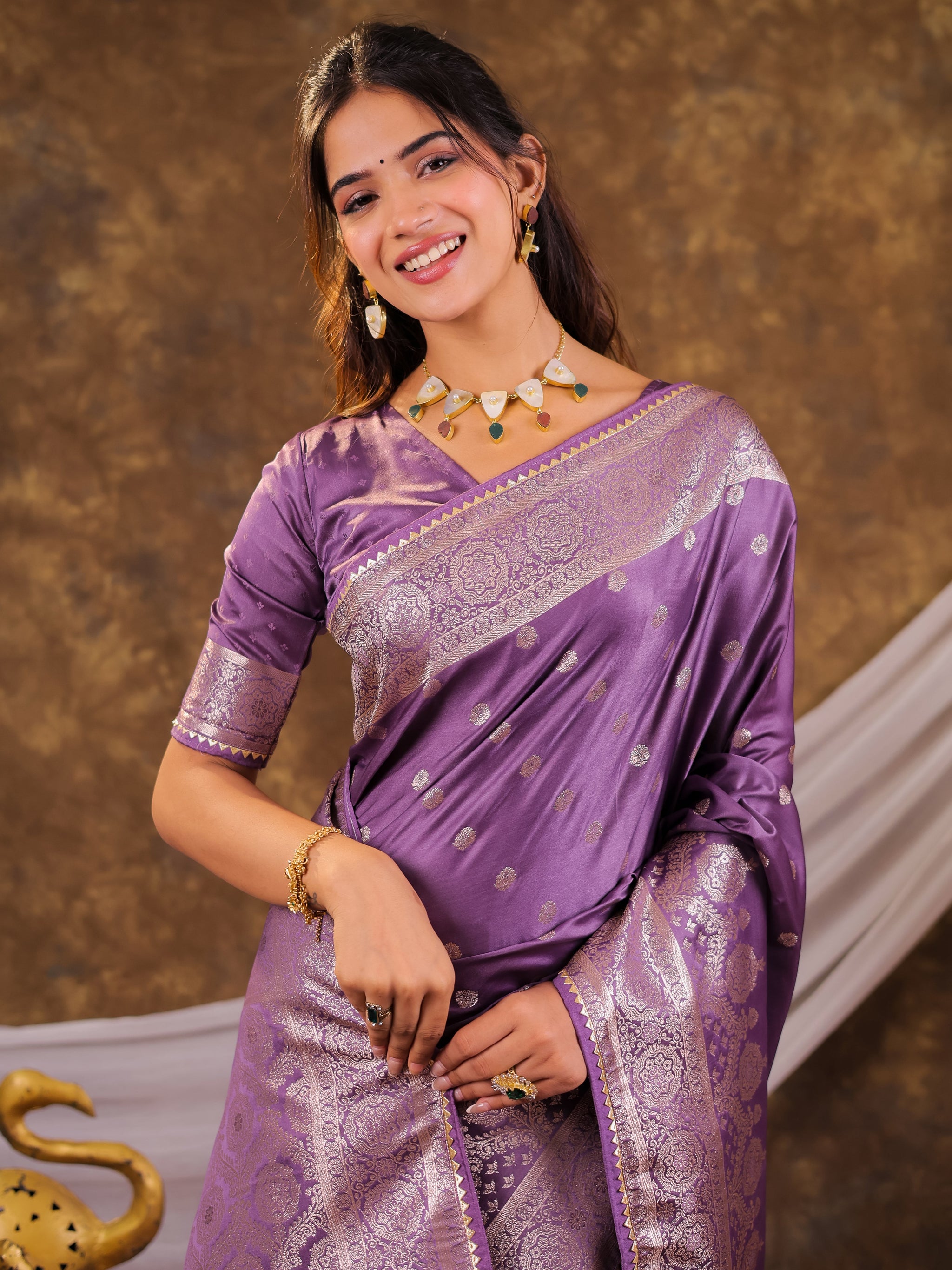Lavender Kanjivaram Banarasi Satin Silk Saree with Antique Silver Zari Weaving, Rich Woven Pallu & Tassel Detailing