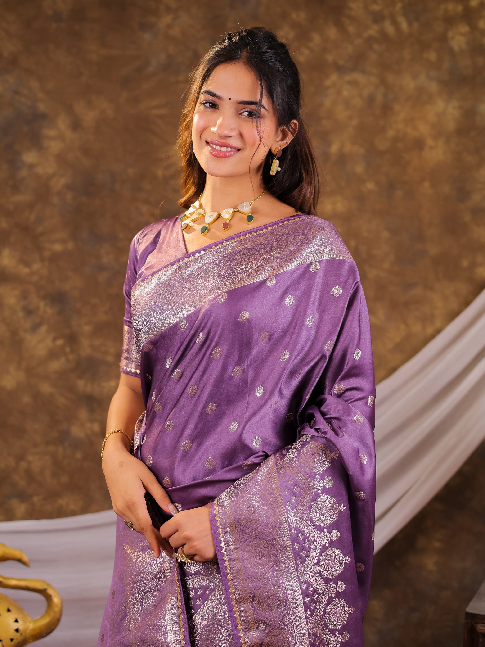 Lavender Kanjivaram Banarasi Satin Silk Saree with Antique Silver Zari Weaving, Rich Woven Pallu & Tassel Detailing