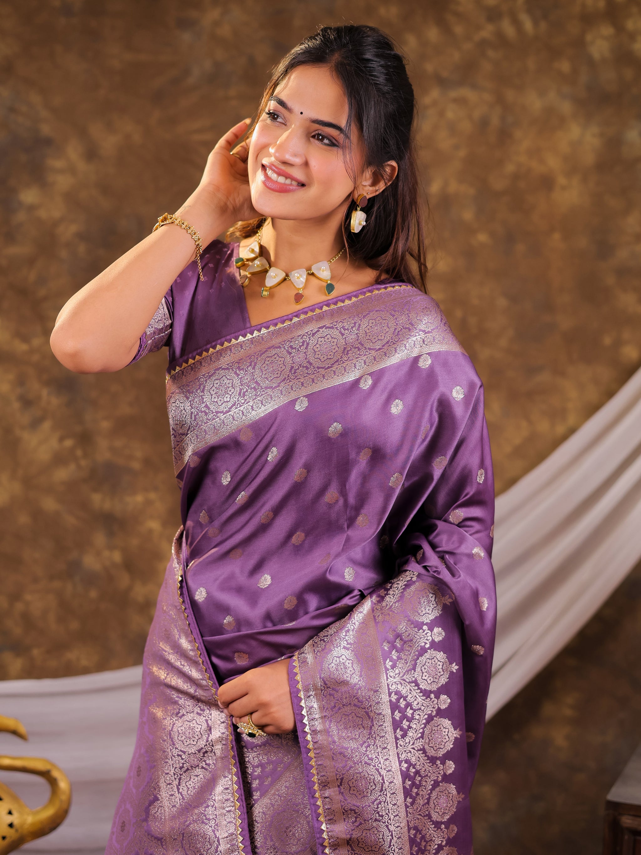 Lavender Kanjivaram Banarasi Satin Silk Saree with Antique Silver Zari Weaving, Rich Woven Pallu & Tassel Detailing