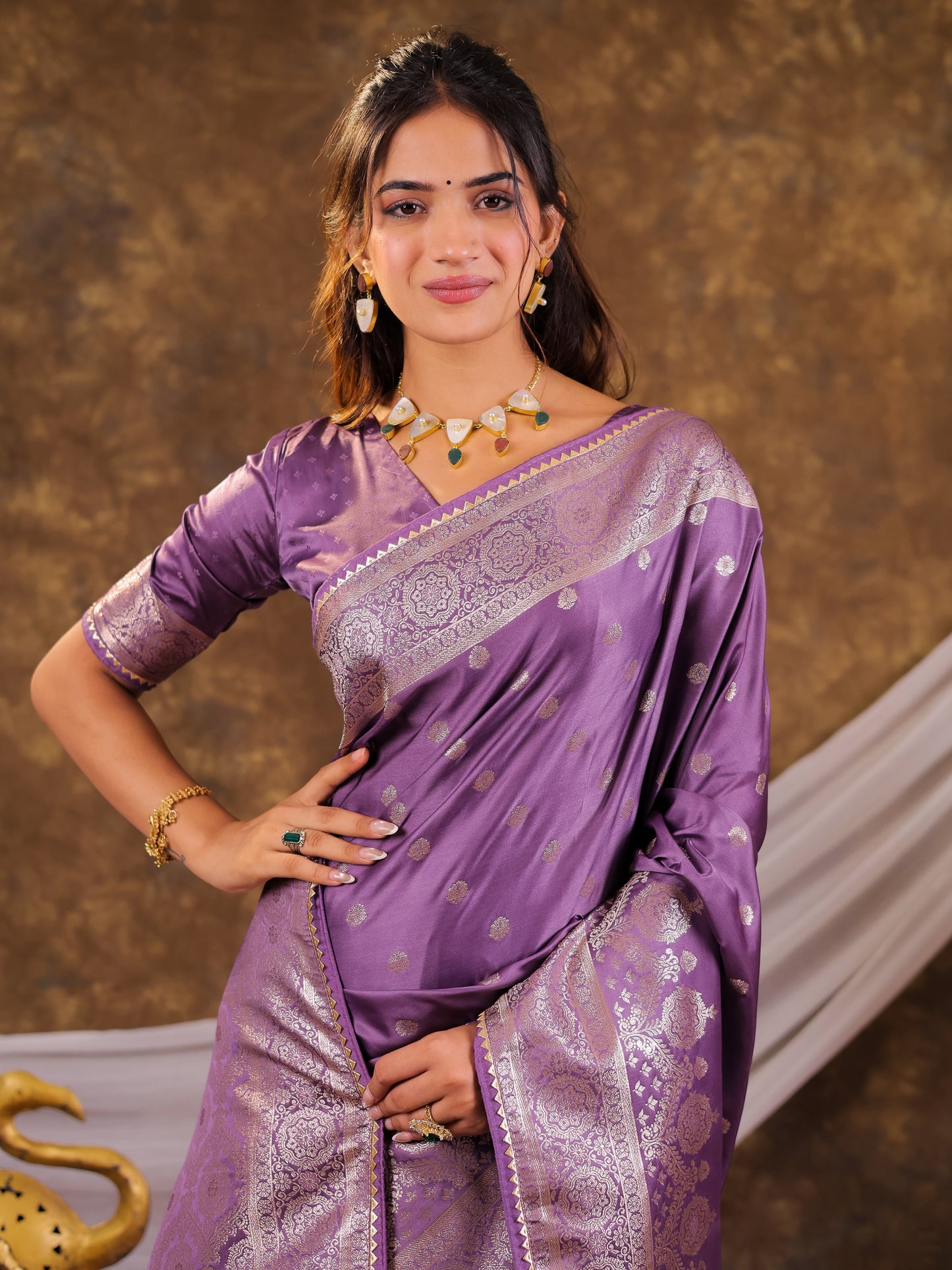 Lavender Kanjivaram Banarasi Satin Silk Saree with Antique Silver Zari Weaving, Rich Woven Pallu & Tassel Detailing