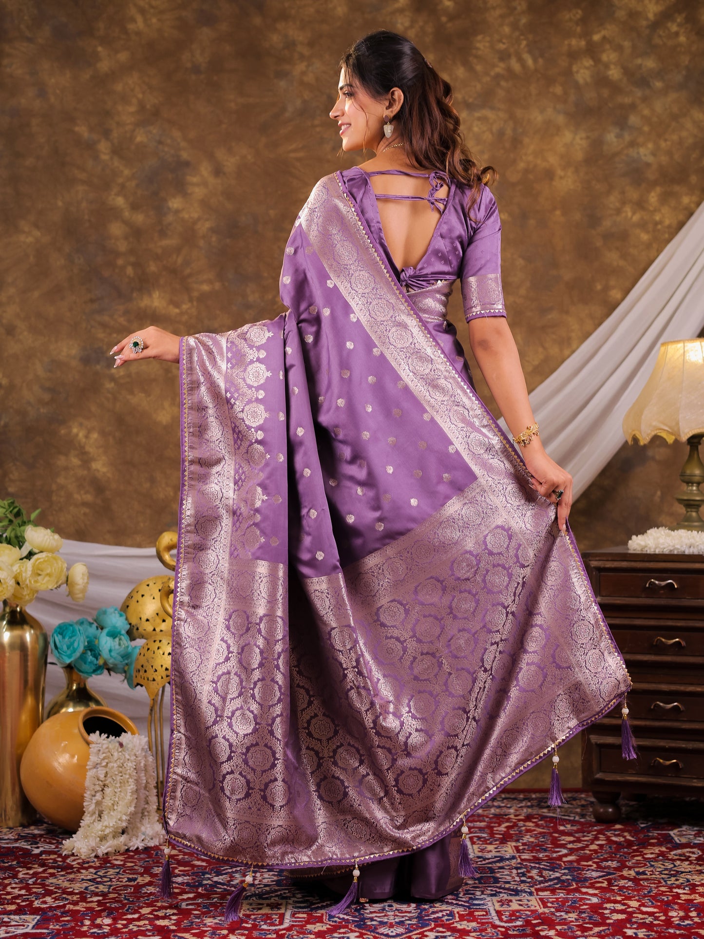 Lavender Kanjivaram Banarasi Satin Silk Saree with Antique Silver Zari Weaving, Rich Woven Pallu & Tassel Detailing