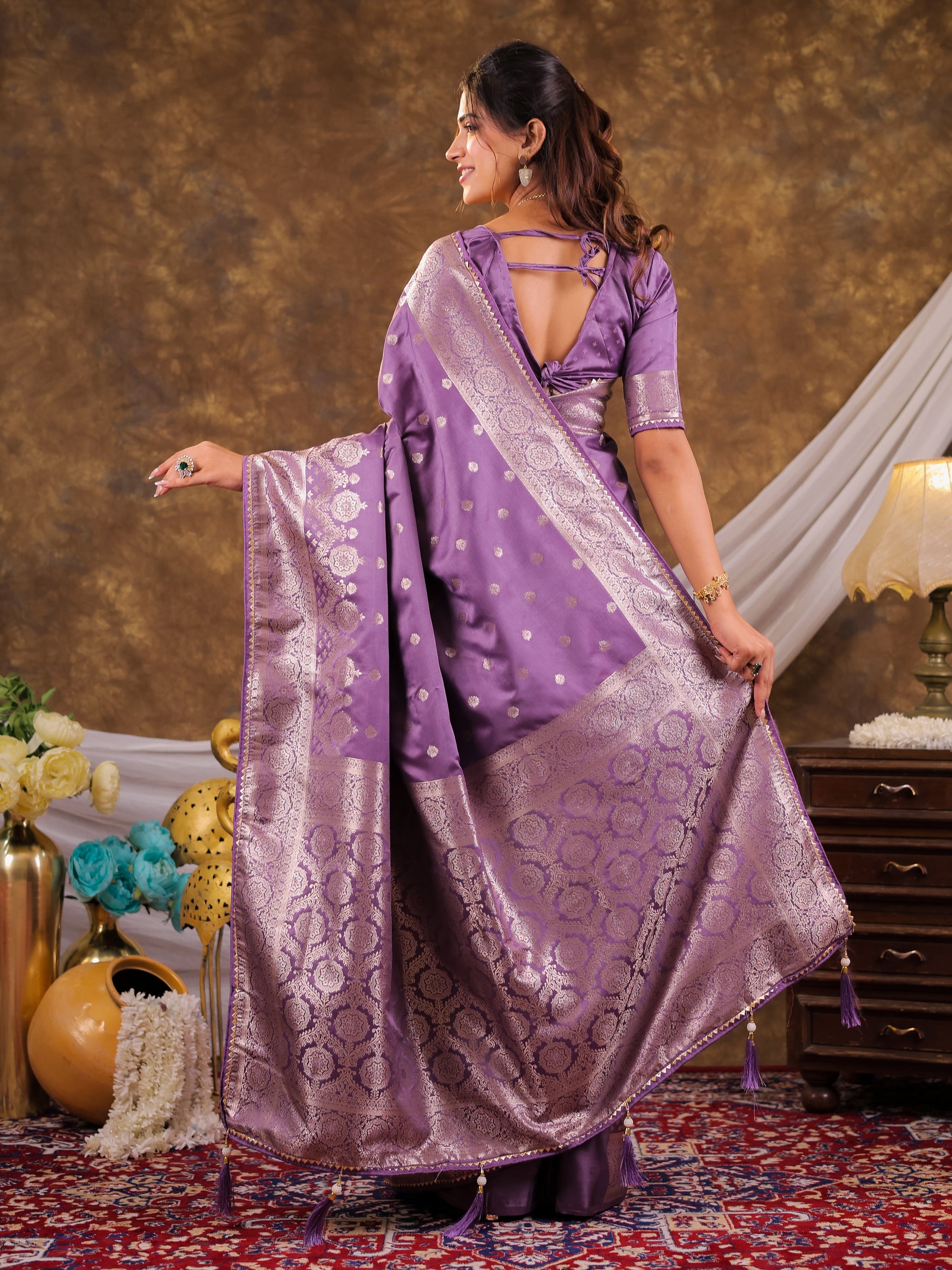 Lavender Kanjivaram Banarasi Satin Silk Saree with Antique Silver Zari Weaving, Rich Woven Pallu & Tassel Detailing