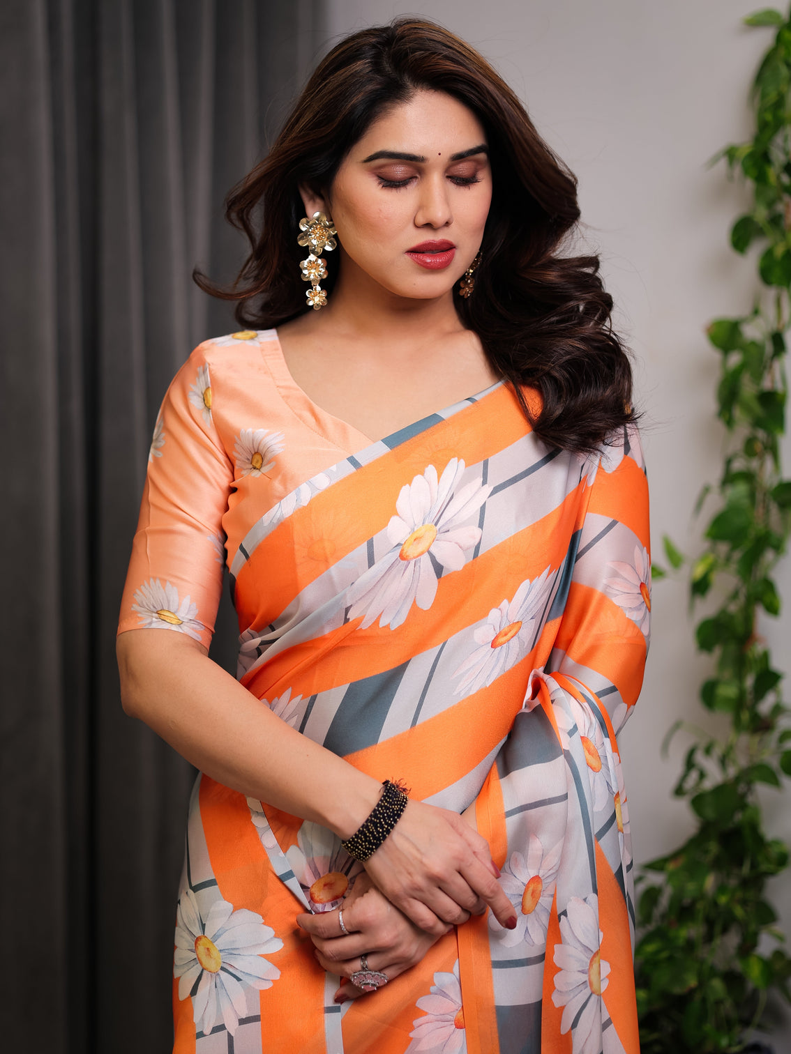 Orange satin georgette floral printed saree with attached blouse lightweight daisy print designer saree for festive casual elegance