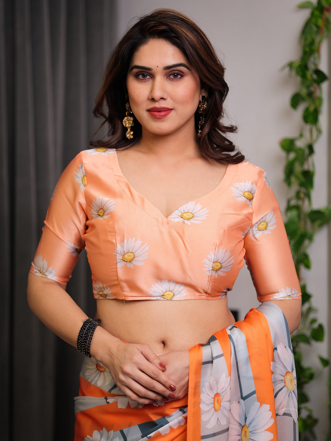 Orange satin georgette floral printed saree with attached blouse lightweight daisy print designer saree for festive casual elegance