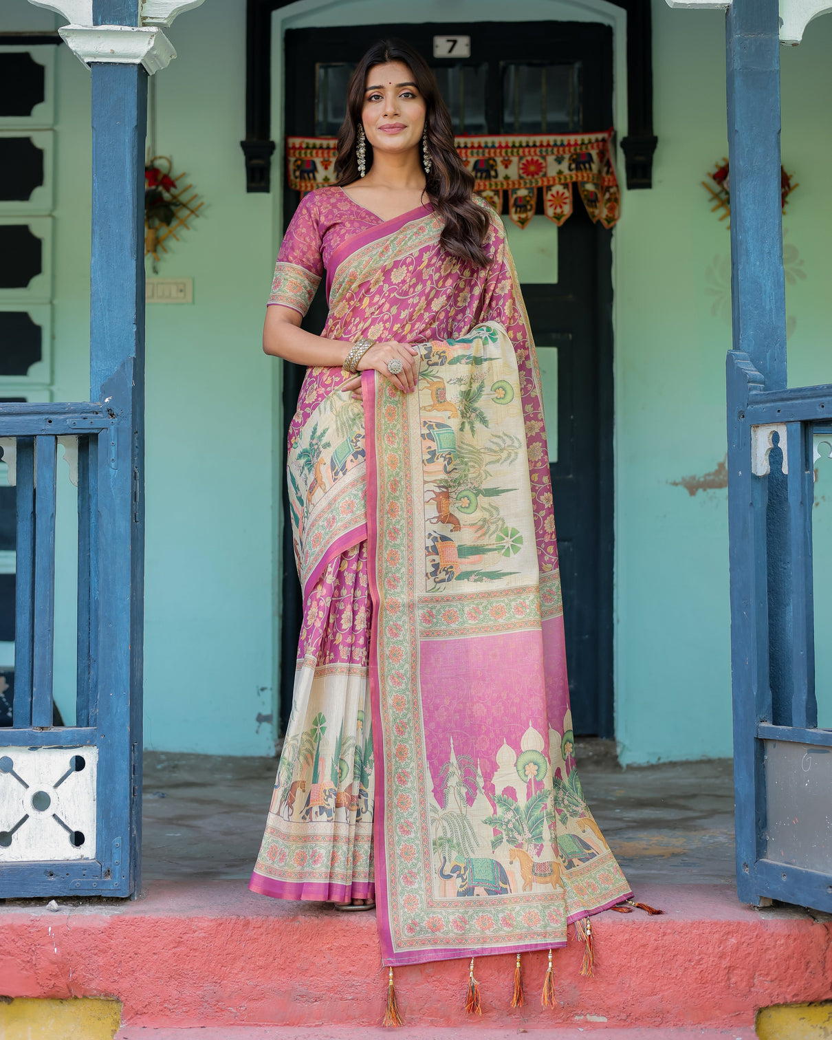Magenta pink handloom cotton saree with floral vines royal elephant procession pallu mameraa