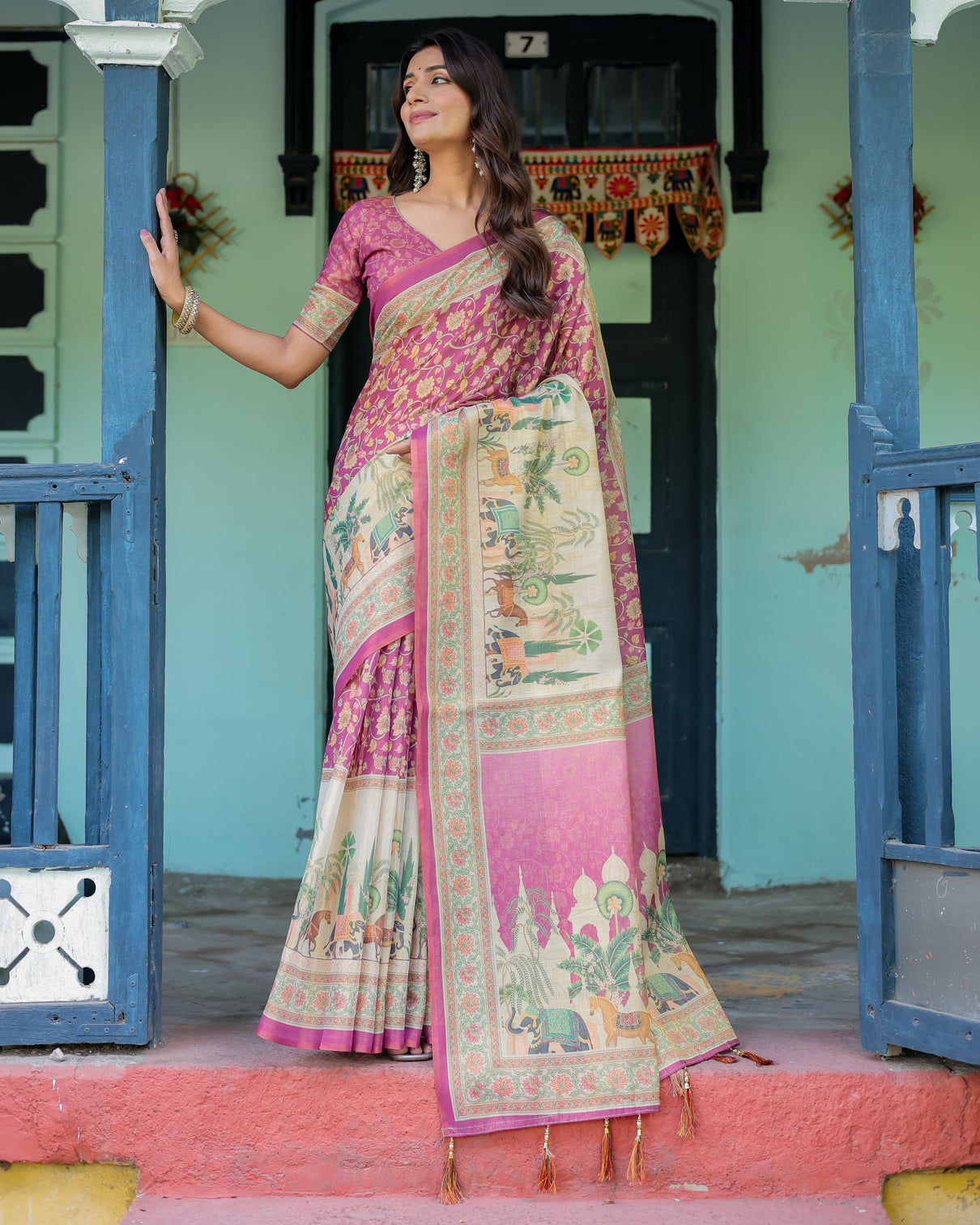 Magenta pink handloom cotton saree with floral vines royal elephant procession pallu