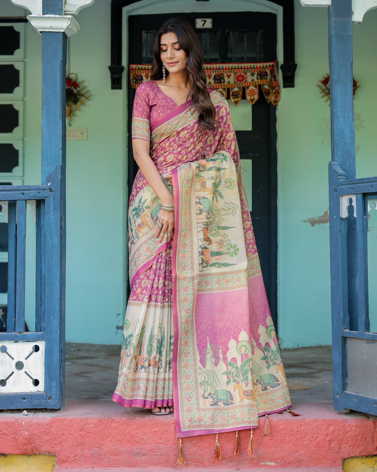 Magenta pink handloom cotton saree with floral vines royal elephant procession pallu