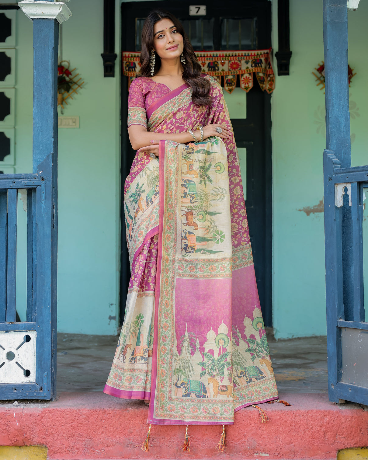 Magenta pink handloom cotton saree with floral vines royal elephant procession pallu