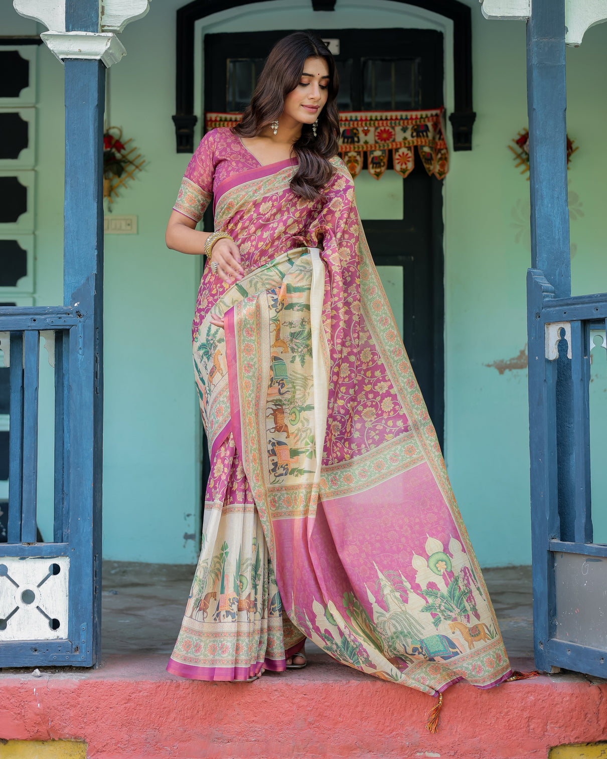 Magenta pink handloom cotton saree with floral vines royal elephant procession pallu
