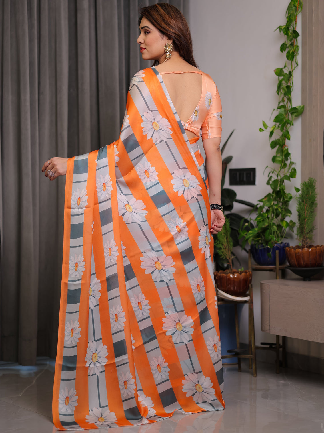 Orange satin georgette floral printed saree with attached blouse lightweight daisy print designer saree for festive casual elegance