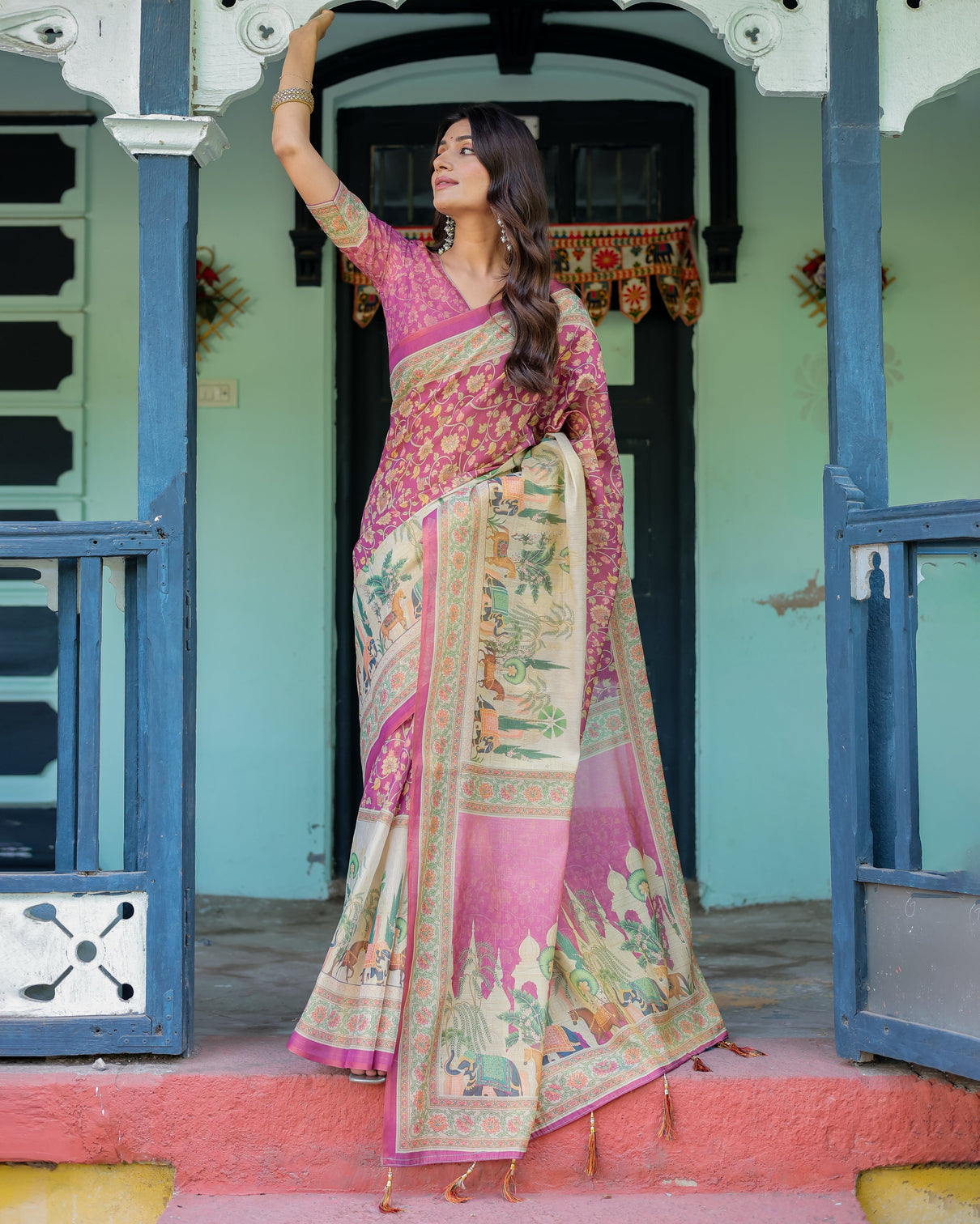 Magenta pink handloom cotton saree with floral vines royal elephant procession pallu