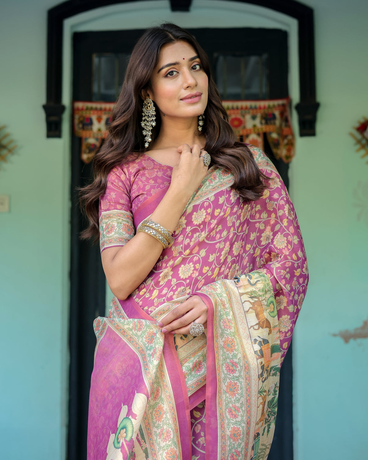 Magenta pink handloom cotton saree with floral vines royal elephant procession pallu