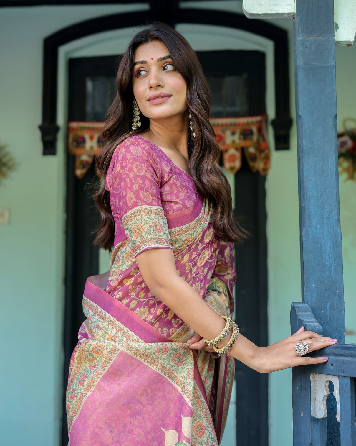 Magenta pink handloom cotton saree with floral vines royal elephant procession pallu