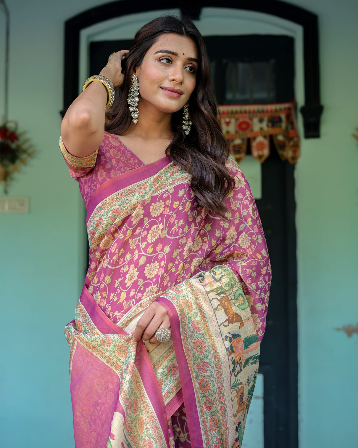 Magenta pink handloom cotton saree with floral vines royal elephant procession pallu