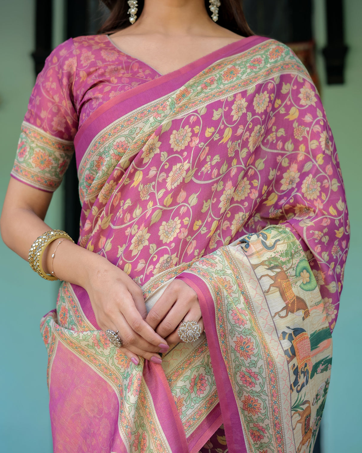Magenta pink handloom cotton saree with floral vines royal elephant procession pallu
